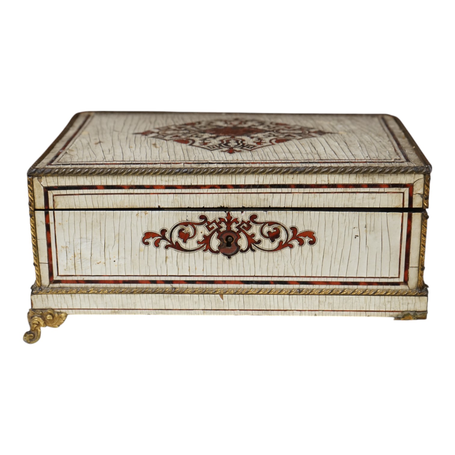 A 19th-century French tortoiseshell and faux lacquer work box, 24.5cm wide x 11.5cm high. Condition - poor to fair